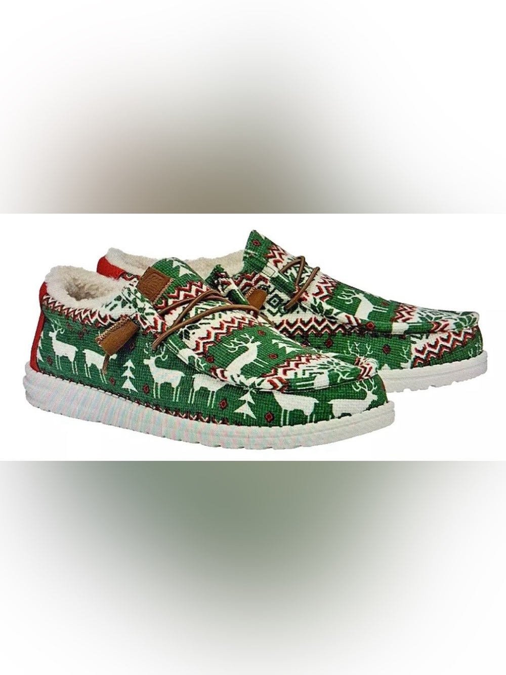 Hey Dude Green Red Holiday Reindeer Slip-On Sneakers